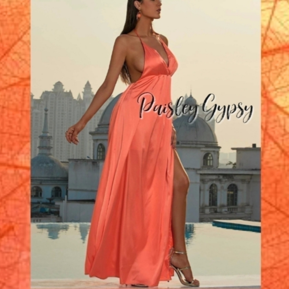 High Fashion Glamorous Spaghetti Strap A Line Formal Gown in Coral Orange - Picture 4 of 9